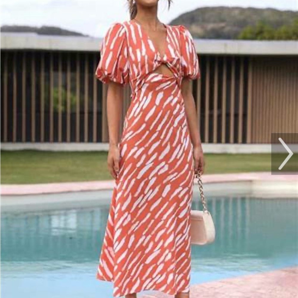 Commense Orange and White Puff Sleeve Midi Dress